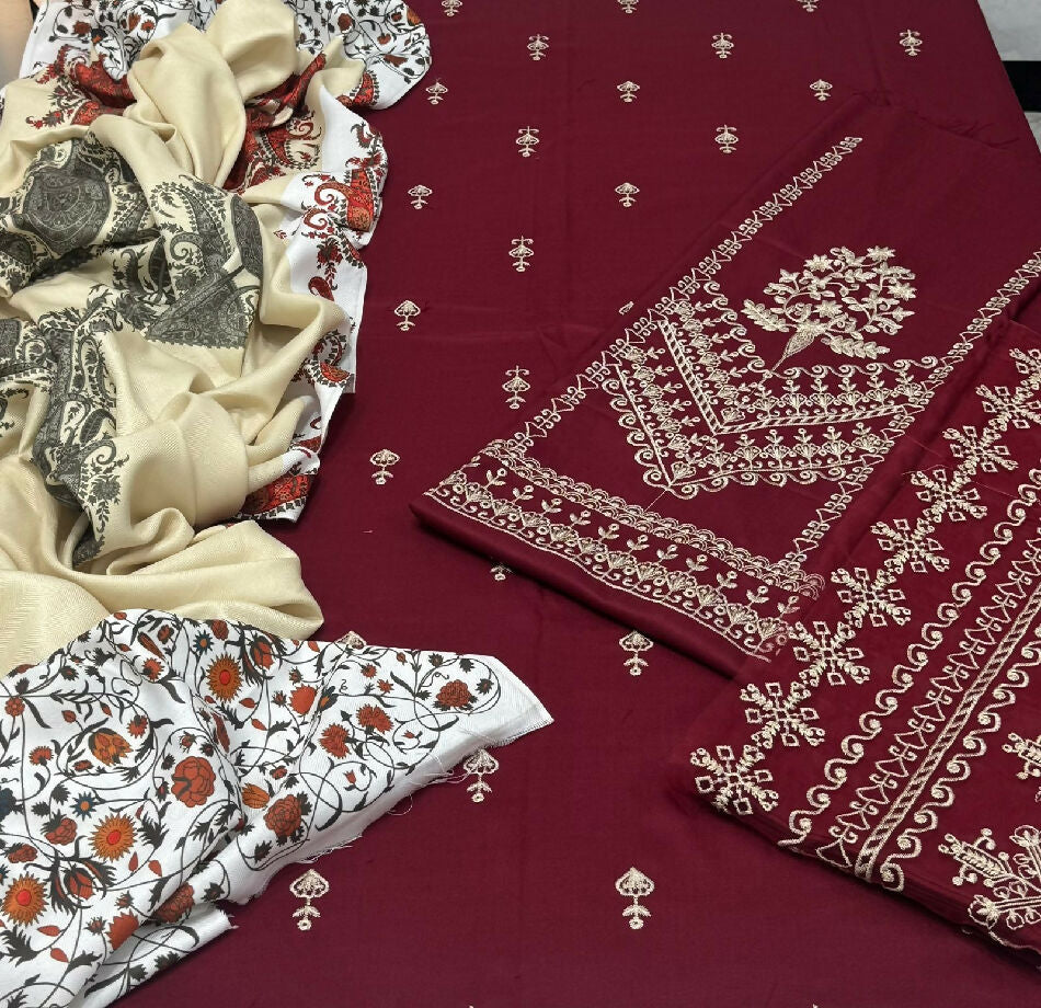 Unstitched Embroidered Dhanak Three Piece