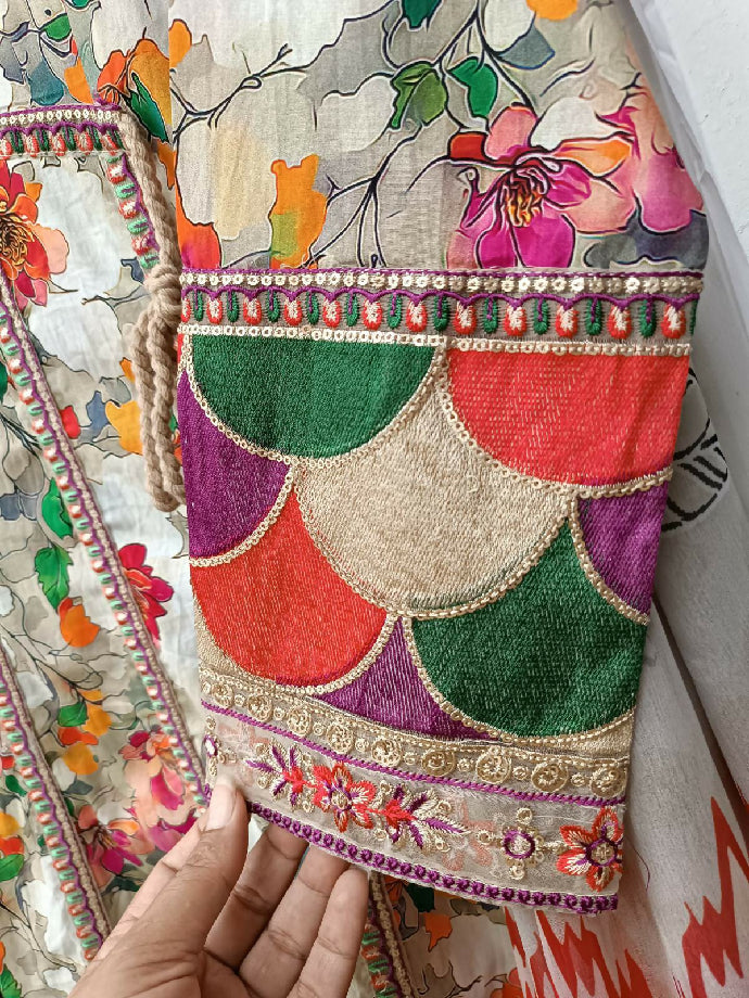 Cotton Lawn Angrakha Frock with Trouser & Chiffon Dupatta