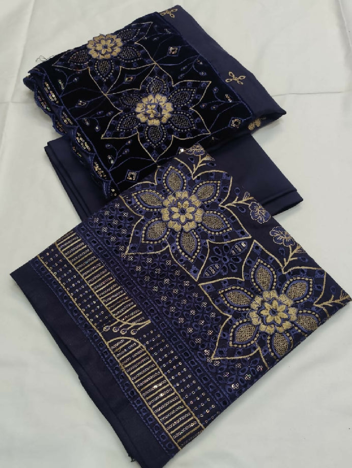 3 piece dhanak embroidered