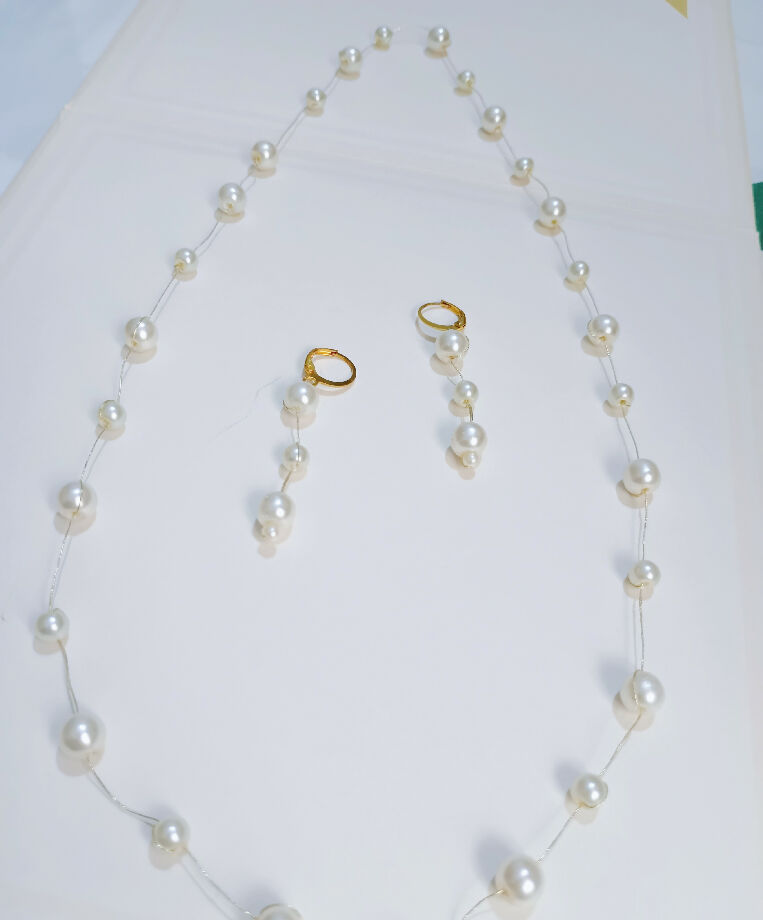 Handmade pearl long mala with pearl earrings