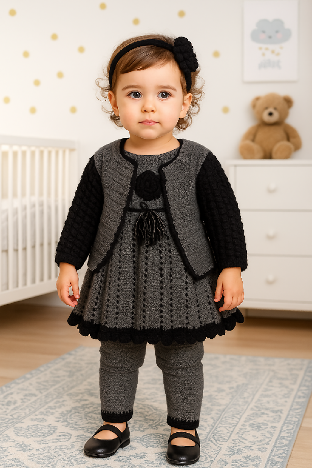 Charming Crochet Baby Set in Grey and Black