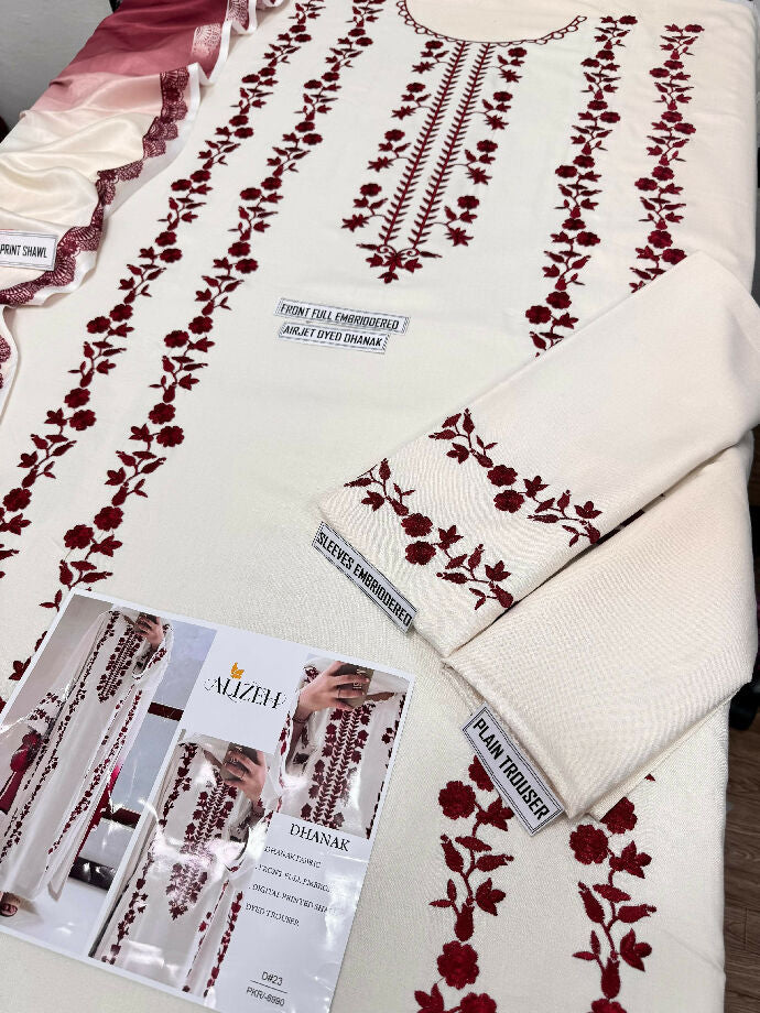 UNSTITCHED EMBROIDERRED DHANAK THREE PIECE WITH WOOL SHAWL