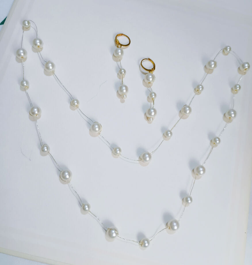 Handmade pearl long mala with pearl earrings