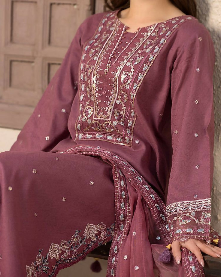 Unstitched Embroidered Dhanak Three piece