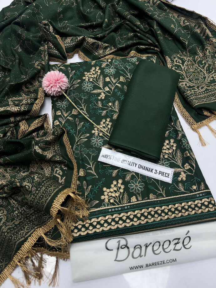 Unstitched Embroidered Dhanak Three Piece