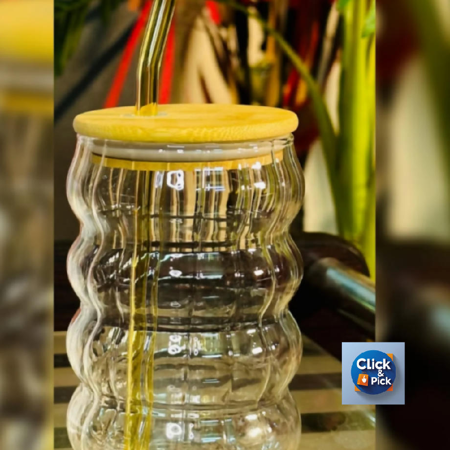 Bee Hive Glass Cup with Bamboo Lid & Straw – Aesthetic Honey Jar Style Drinkware