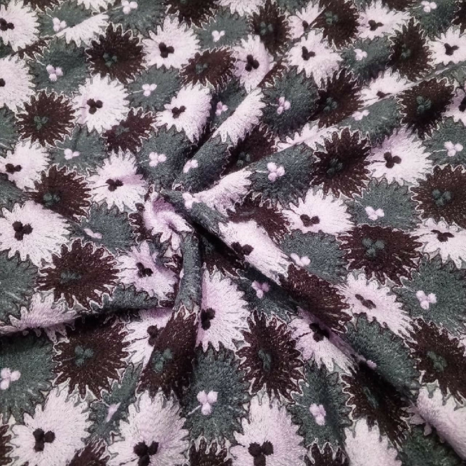 Premium Floral Embroidered Wool Fabric – Soft Grey, Lavender & Maroon Design for Frock, Coat Or Casual Wear (Imported)
