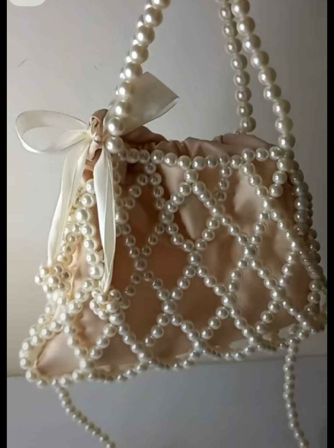 Premium quality off white pearl bead drawstring (potli) bag