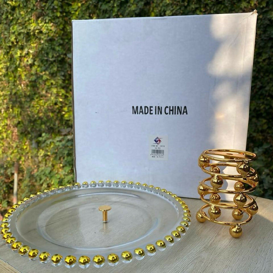 Gold Beaded Glass pastry Stand with Spiral Metal Pedestal