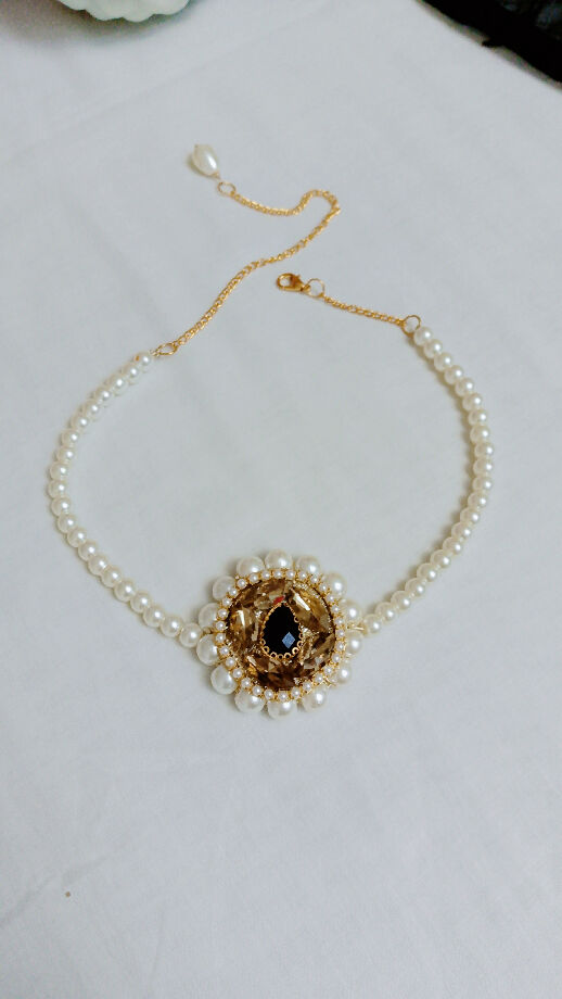 Handmade pearl choker necklace with black stone