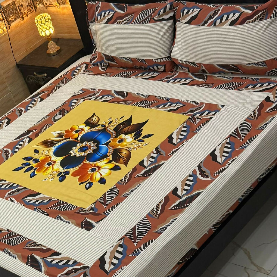 3pc digital Gold Panel Bedsheet