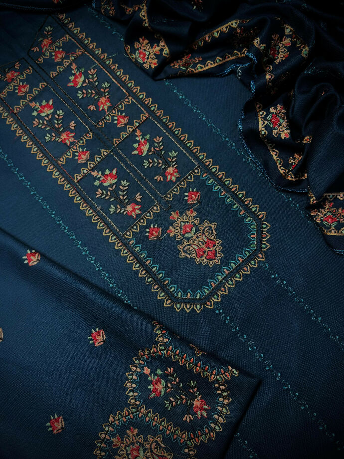 Unstitched embroidered Dhanak Three Piece