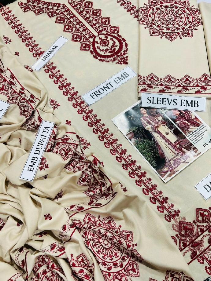 Lux Embroidery 3-piece Dhanak Suit with Dhanak Heavy Embroidered Shawl