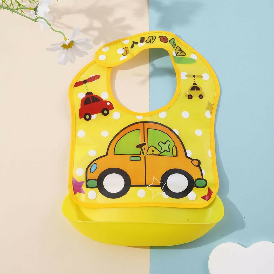 Cartoon Car Baby Waterproof Feeding Bib with Food Catcher