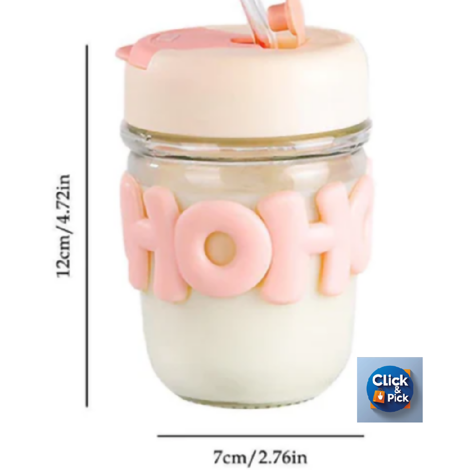 Cute HOH Glass Tumbler with Silicone Lid & Sleeve – Portable Coffee & Juice Mug