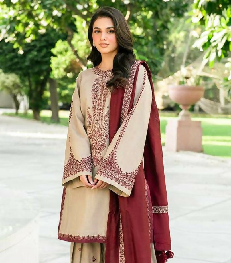 Luxury Dhanak Suit with Embroidered Shawl